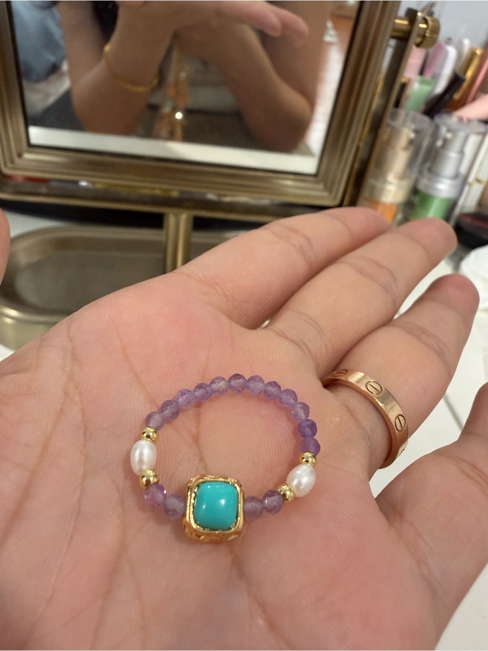 Handcrafted Purple Bead Ring with Turquoise Center and Pearl Accents